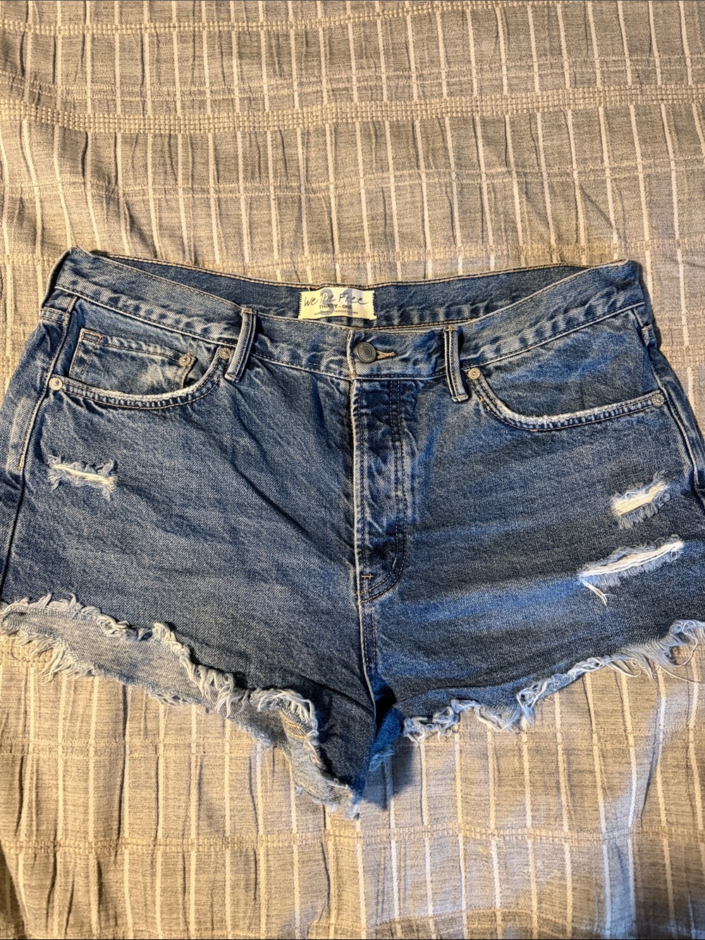 Low-Rise Distressed Denim Shorts - Blue